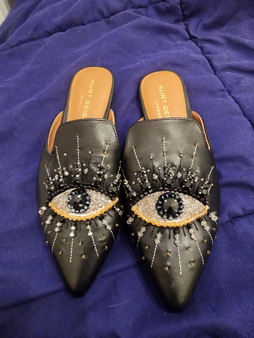 Kurt Geiger Black Beaded Eye Embellished Pointed Mules